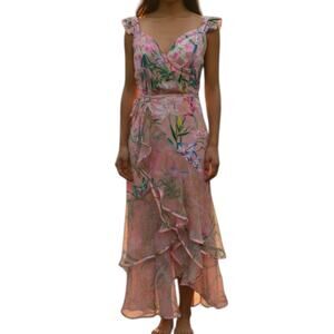 Women's Tropical Pink Ruffled Corset One Piece Wrap Skirt Swimsuit Size L NWT